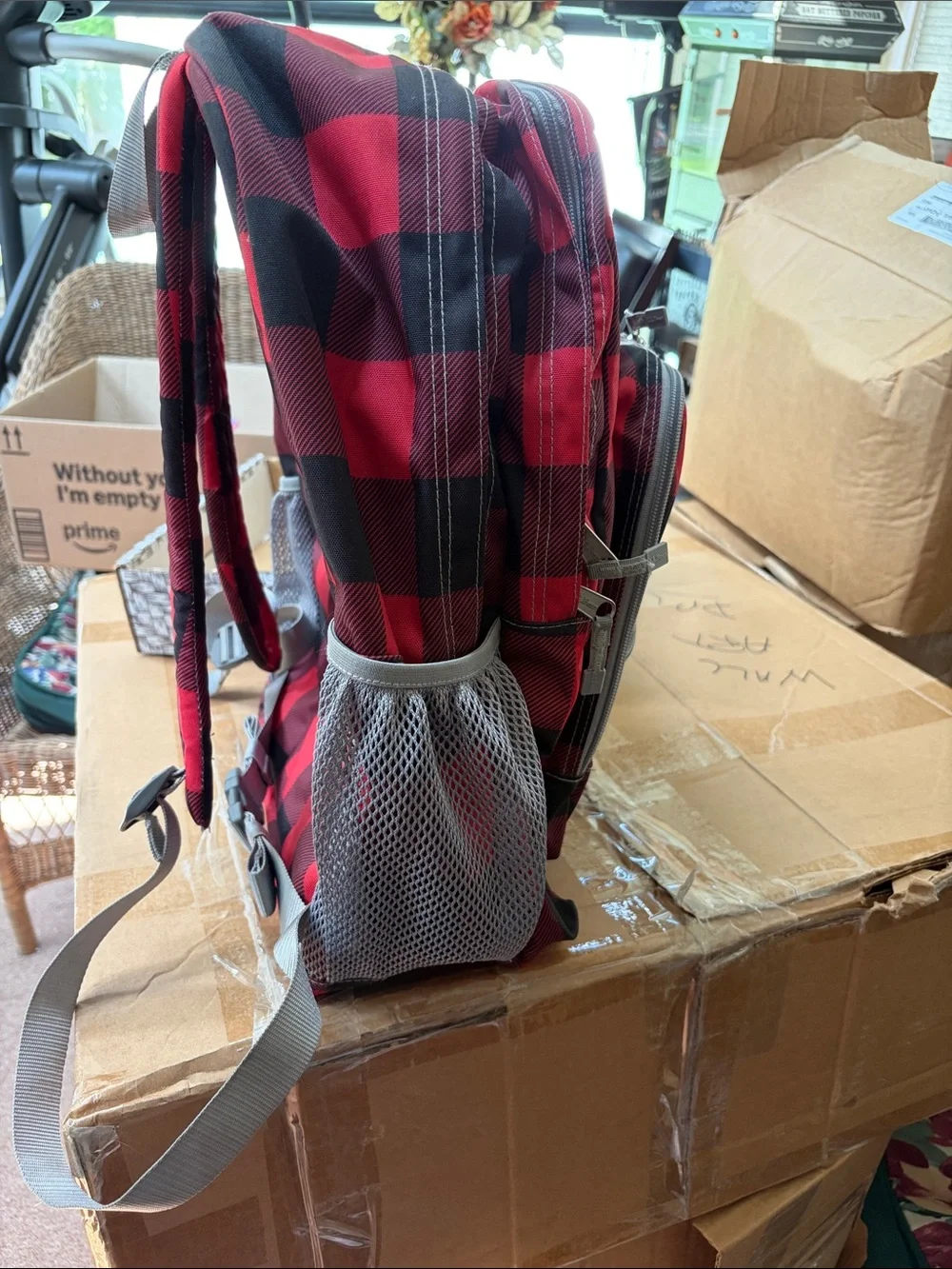 L.L. Bean Red and Black Buffalo Plaid Backpack with Gray Accents